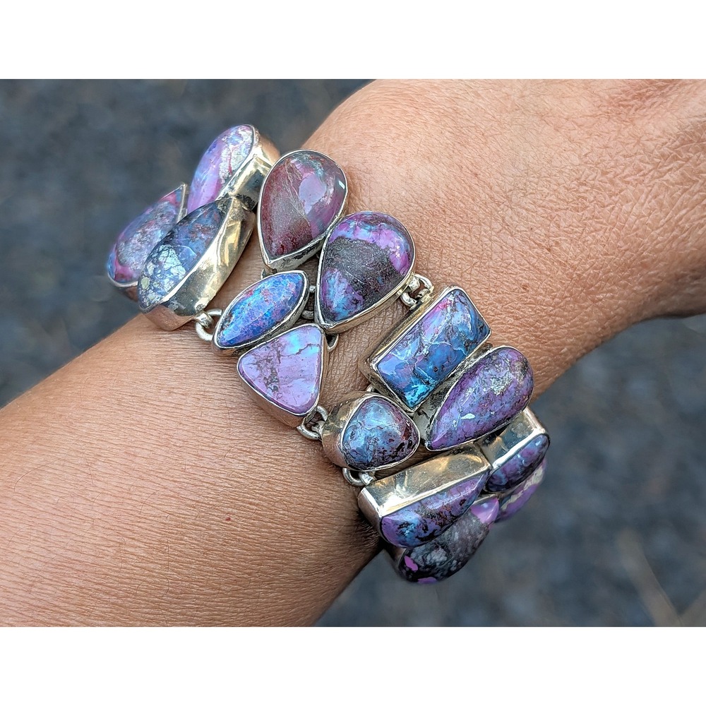 Vintage Bracelet Heavy‎ Silver Statement Jewelry Art Deco Purp Turq sz ADJ ***